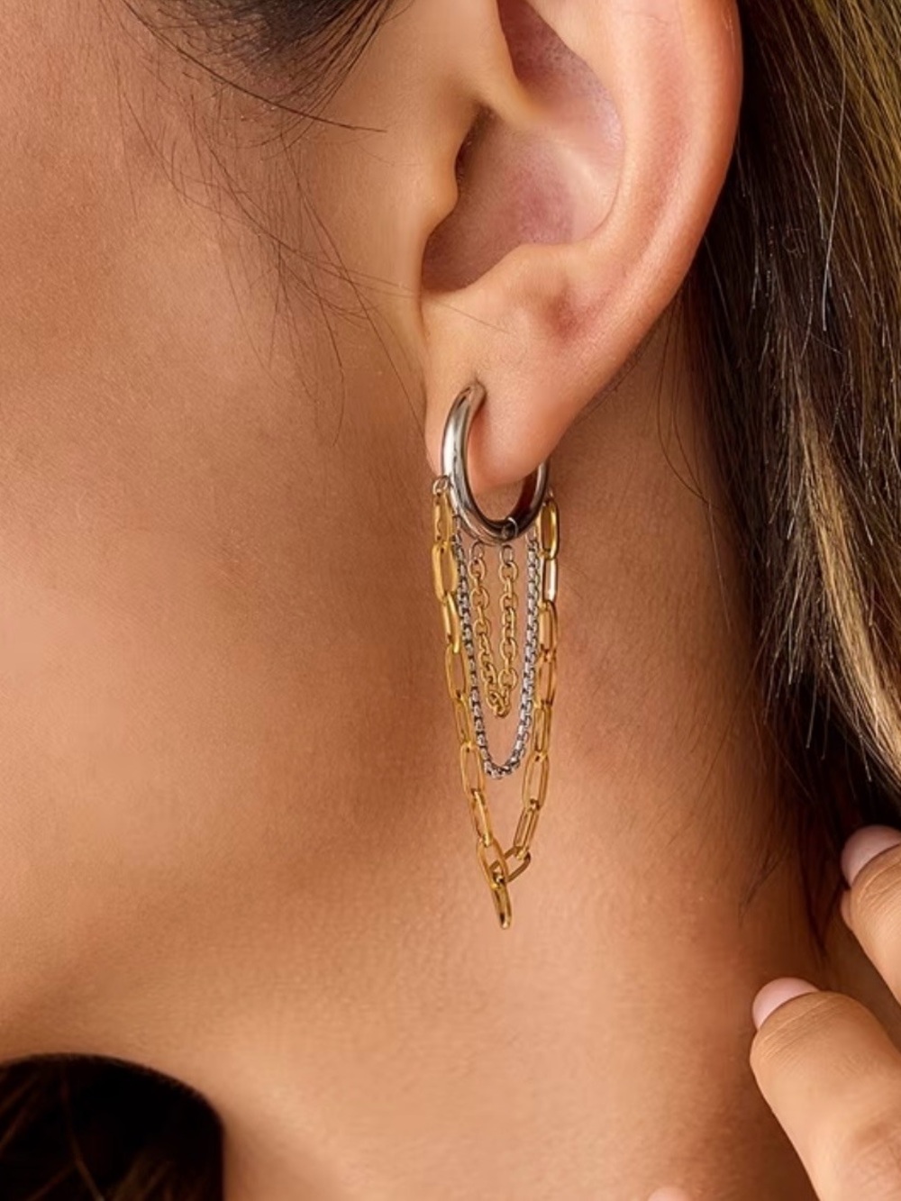 Two-Tone Gold & Silver Multi-Chain Hoop Earrings - Women Jewelry
